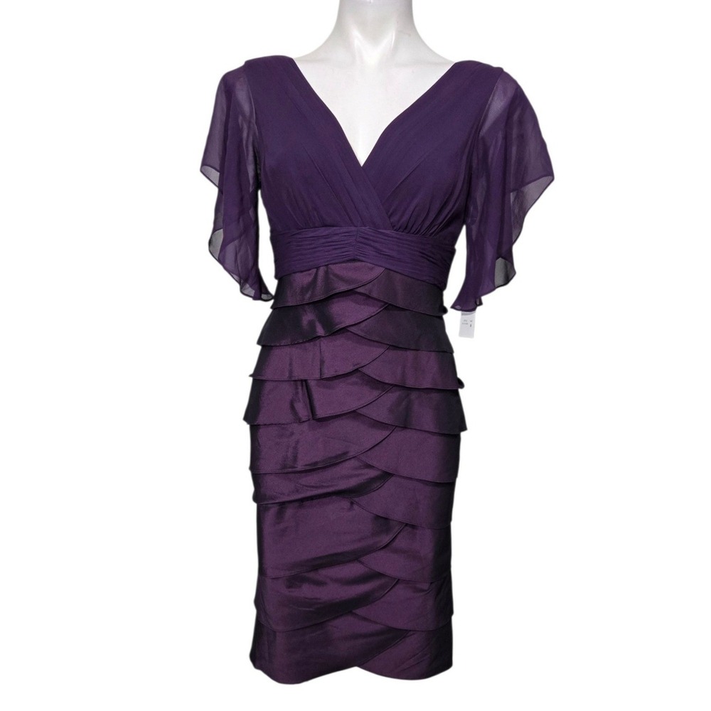 Adrianna Papell dress sz 6 Purple Tiered Ruffle Sheath V-Neck Flutter Sleeve
